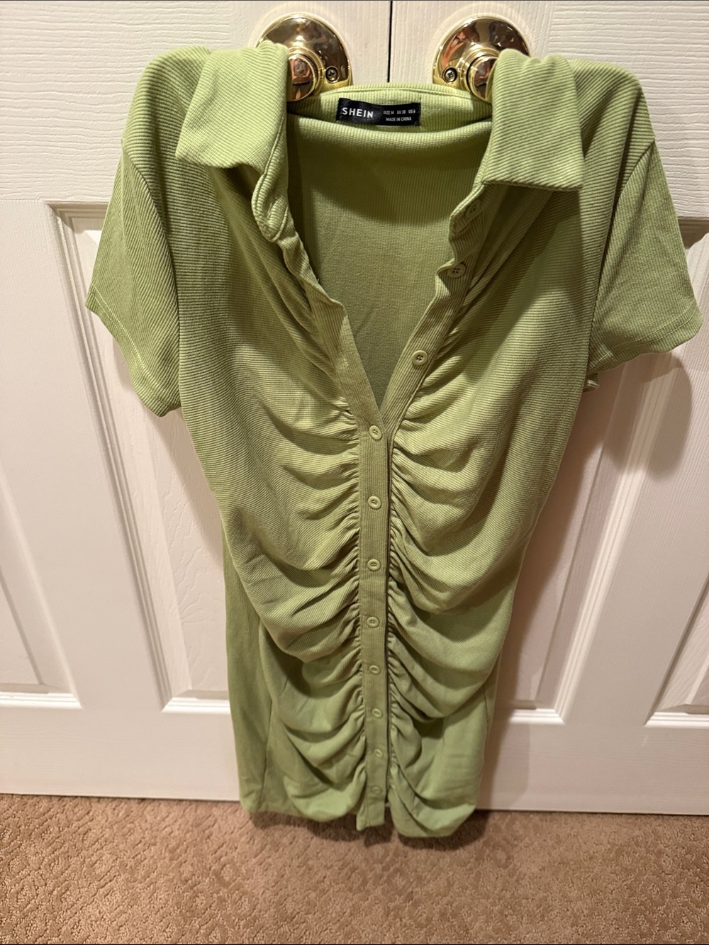 SHEIN Light Olive Ruched Button Polo Mini Dress